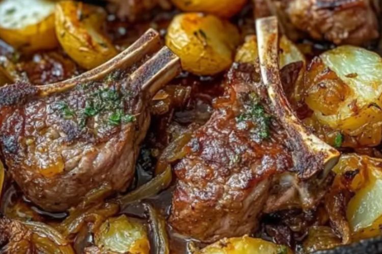 Roasted Lamb Chops with Potatoes and Onions